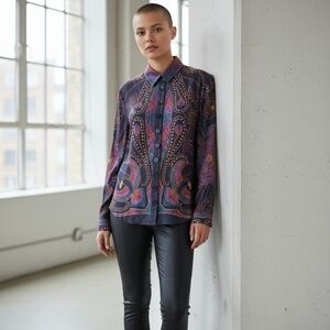 Farm Rio Blue Button Up Shirt Top Sz XS Satin Floral Graphic Scarf Print Boho